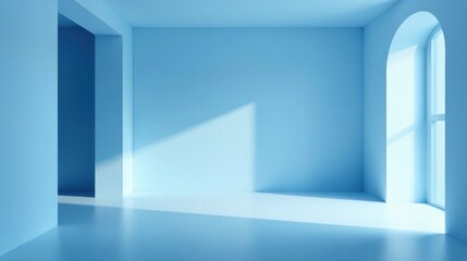 Serene Light Blue Room Interior with Arched Window and Doorway