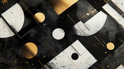 27.A modern brochure template showcasing abstract geometric patterns in monochrome with gold accents, designed for versatility in advertising and brand identity.