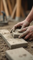 Hands Placing Paving Stones on a Sandy Surface for Construction Work
