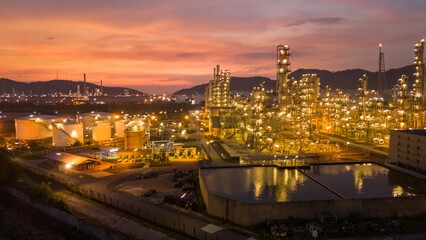 Oil Refinery plant at sunset. Gas Chemical Equipment Prodiction import export Concept, Crude Oil...