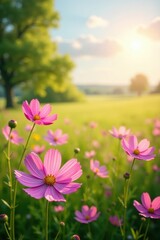 Cosmos blooms in the sun-kissed meadow with gentle breeze, fields, garden