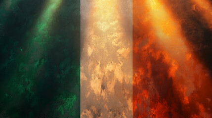 Abstract representation of the Irish tricolor flag with textured light effects.