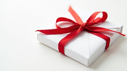 Elegant White Gift Box Tied With a Red Satin Ribbon Bow Close-Up