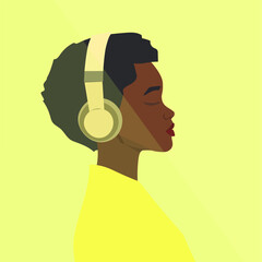 Silhouette of a young African woman with dark skin and short hair, side view, wearing headphones. on a bright yellow background and light shining on half of the face. vector illustration.