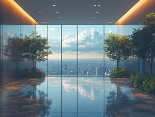 A modern, spacious interior with large glass windows showcasing a city view and greenery.