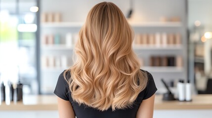 A lacefront wig in light caramel, styled with soft waves, displayed with haircare tools on a glossy table