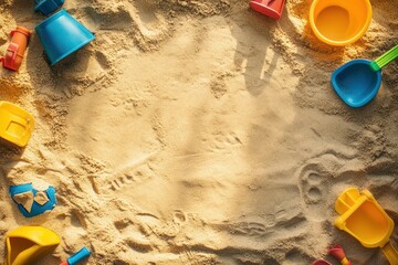 Colorful sand toys arranged on a sandy surface