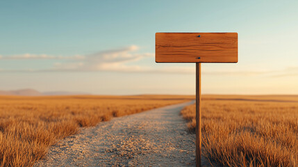 Empty wooden signpost on a tranquil dirt path in a field