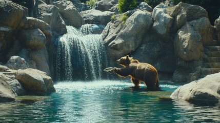Fototapeta premium Brown Bear Catching Salmon by Waterfall in Rocky Zoo Habitat