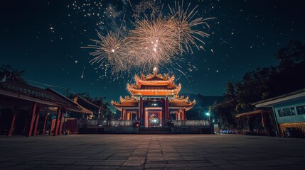 Fototapeta premium Vibrant Night Celebration at a Temple Courtyard