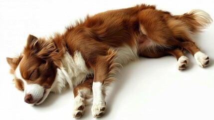 Adorable Brown and White Fluffy Dog Sleeping Peacefully on White Background