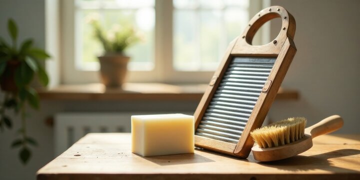 Rustic Laundry Day Still Life with Bar of Soap and Washboard