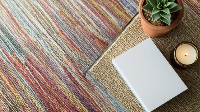 75.A simple and clean book mockup on a glass coffee table, with small decorative items like a succulent in a pot and a candle holder, set against the backdrop of a bright and colorful woven rug.