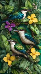 Three iridescent kingfishers nestled amongst vibrant tropical flora