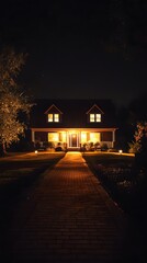 40. **A front yard illuminated with motion-activated lights and a surveillance camera monitoring the driveway.**
