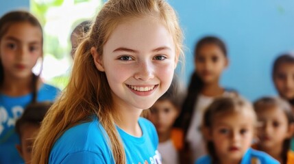 Fototapeta premium Volunteer and Donation Concept. Smiling Teenage Girl Surrounded by Happy Children in a Community Engagement Setting