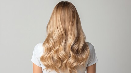Naklejka premium A long layered human hair wig, golden blonde, styled with soft curls, resting on a modern pedestal