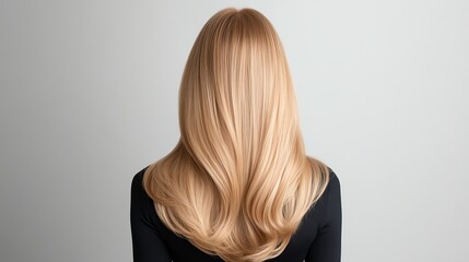 Naklejka premium A long layered human hair wig, golden blonde, styled with soft curls, resting on a modern pedestal