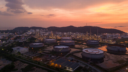 Oil Refinery plant at sunset. Gas Chemical Equipment Prodiction import export Concept, Crude Oil...