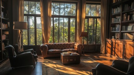 Sunlit Library with Leather Furniture and Bookshelves