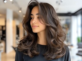 A natural brown curly wig, styled in soft waves, displayed against a modern salon backdrop