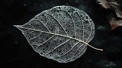 Intricate Skeleton Leaf on Dark Surface: Nature's Delicate Artwork Captured in Stunning Detail