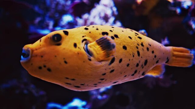 Close up of a Blackspotted puffer fish swimming near coral reefs