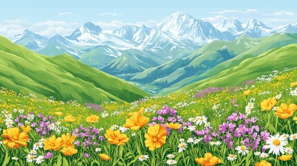 Fototapeta premium Vibrant Alpine Meadow with Snow-Capped Mountains in the Background