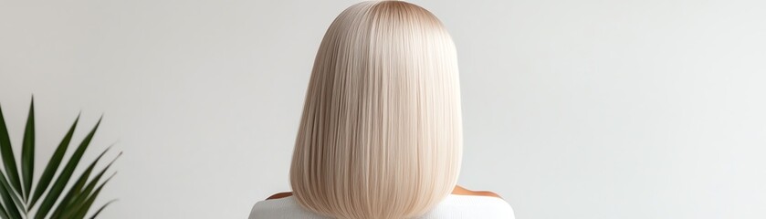 Naklejka premium A sleek straight wig in platinum blonde, styled with a middle part, displayed on a luxurious pedestal
