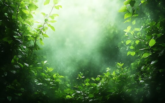 Mystical green forest with fog.