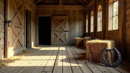 Rustic Wooden Barn Interior with Hay Bales and Horseshoe