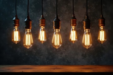 Obraz premium Rustic Edison bulb lamps suspended by exposed wires , warehouse, lines