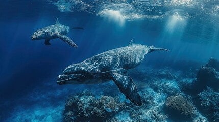 Fototapeta premium Humpback Whales Gracefully Gliding Through a Sunlit Coral Reef