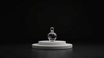 Elegant Glass Perfume Bottle on Minimalist White Platform, Black Background