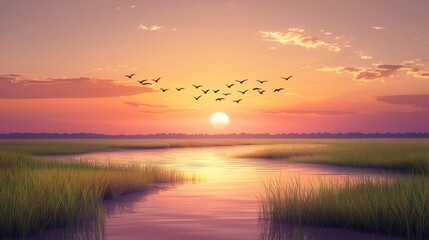 Obraz premium Serene Sunset Landscape Birds Flying Over Calm Water and Grassy Marshland at Dusk