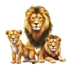 Obraz premium Majestic Lion Family Portrait Adult Male Female and Cub Wildlife Art