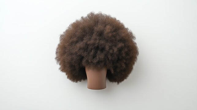 A textured afro wig in deep chocolate brown, arranged artistically on a white surface