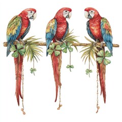 Naklejka premium Three Vibrant Macaws Perched on Branch with Tropical Foliage and Shamrocks