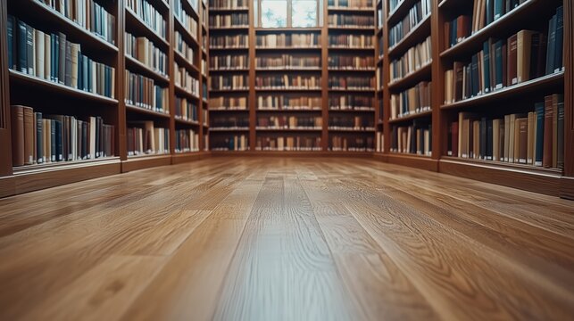 Perspective View of Wooden Library Floor with Bookshelves