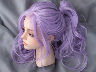 Fototapeta premium A vibrant purple synthetic wig, styled in tight ringlets, placed on a velvet cloth with golden lighting