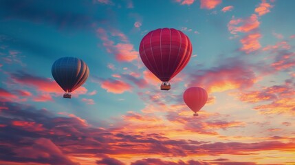 Obraz premium Stunning Sunset Hot Air Balloons Soaring Through Colorful Sky