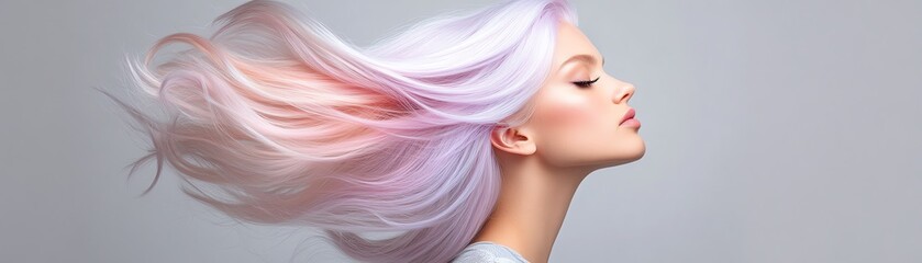 Naklejka premium An ombre synthetic wig, transitioning from purple to pink, styled in soft curls, suspended midair