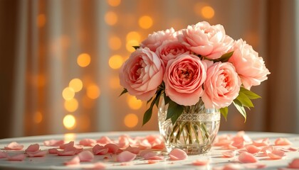Fresh bunch of pink peonies and roses with copy space. A beautiful arrangement of fresh pink peonies and roses on a white background. Fresh bunch of pink peonies and roses with greenery, blossoms