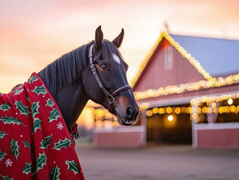 Festive horse wrapped in a holiday blanket. AI.