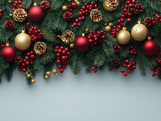 Festive red ornaments and evergreen branches. AI.