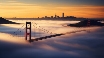 Obraz premium Golden Gate Bridge Towers in Morning Fog with Cable Car