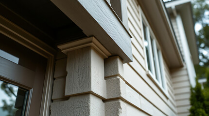 Fototapeta premium Exterior House Detail: Beige Siding, Gray Overhang, and Corner Post