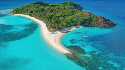 Obraz premium Aerial view of a beautiful tropical island covered in lush green trees surrounded by ocean water