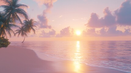 Serene Pink Sunset on Tropical Beach with Palm Trees and Gentle Waves