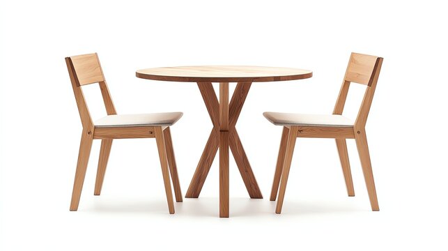 Modern wooden table with two matching chairs, white isolated background.